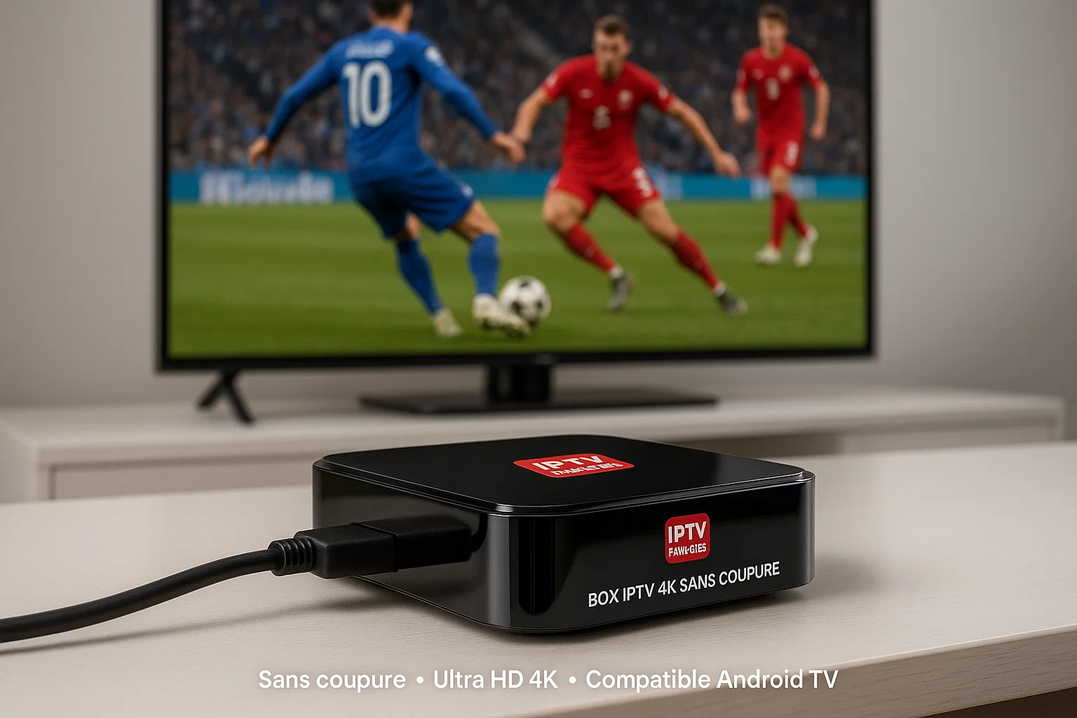 Image réaliste d’un salon moderne en soirée : une famille regarde la télévision grâce à une Box IPTV 4K Sans Coupure.
L’écran affiche une interface IPTV fluide, sans lag, avec des chaînes françaises visibles.
Ambiance chaleureuse (lumière douce, canapé gris, petites lumières d’ambiance),
la box est visible près de la TV avec voyant LED bleu allumé.
Box IPTV 4K Sans Coupure sur table moderne, connectée à une TV affichant un match de football, image ultra HD et stable.