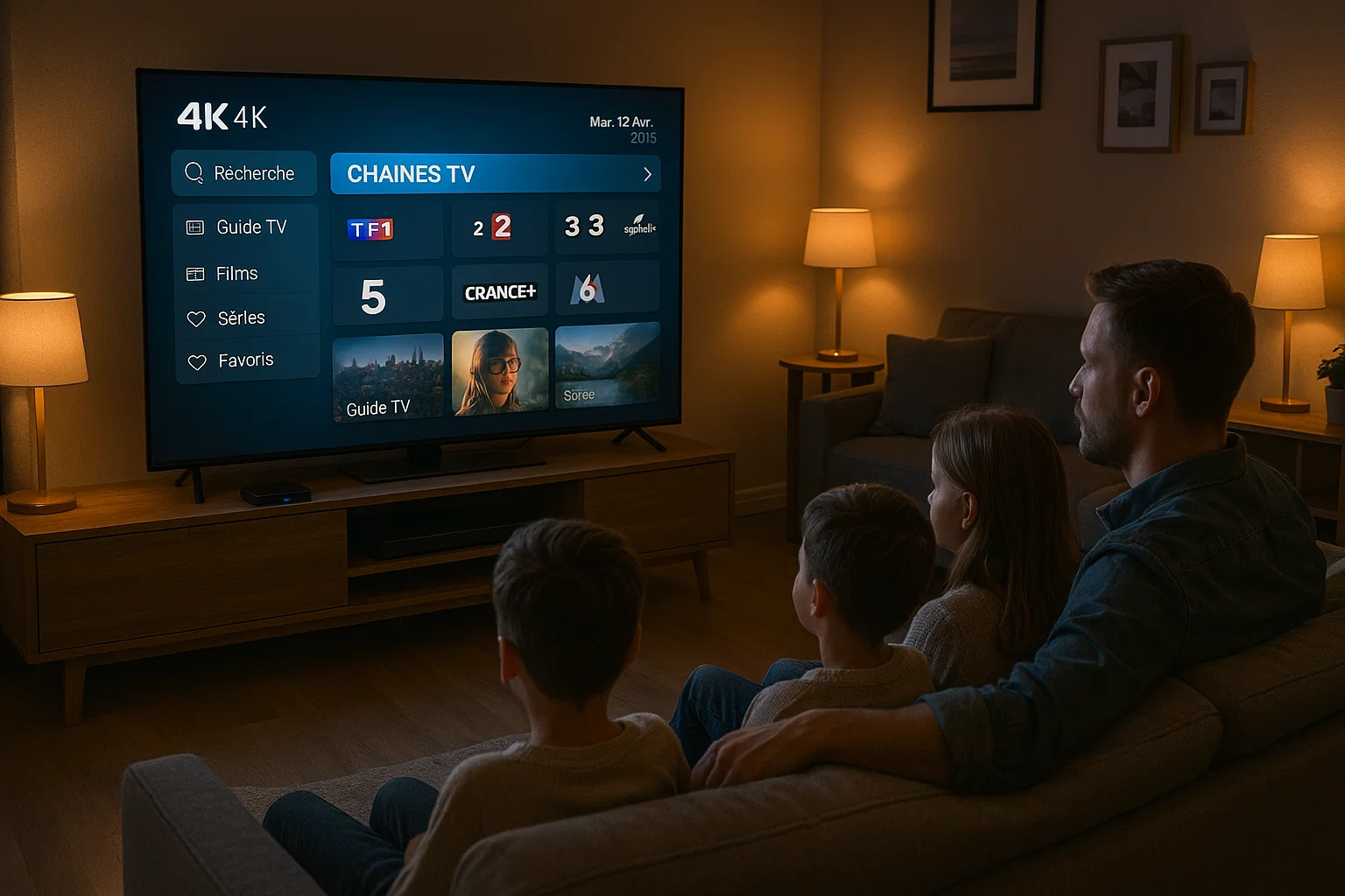 Famille regardant la télévision avec une Box IPTV 4K Sans Coupure dans un salon moderne, image fluide et stable en 4K.